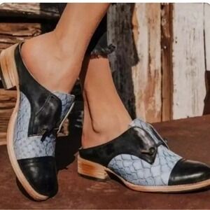 Freebird Malena Block Heel Mules Western Blue Leather Coastal Boho EU 38 US 7